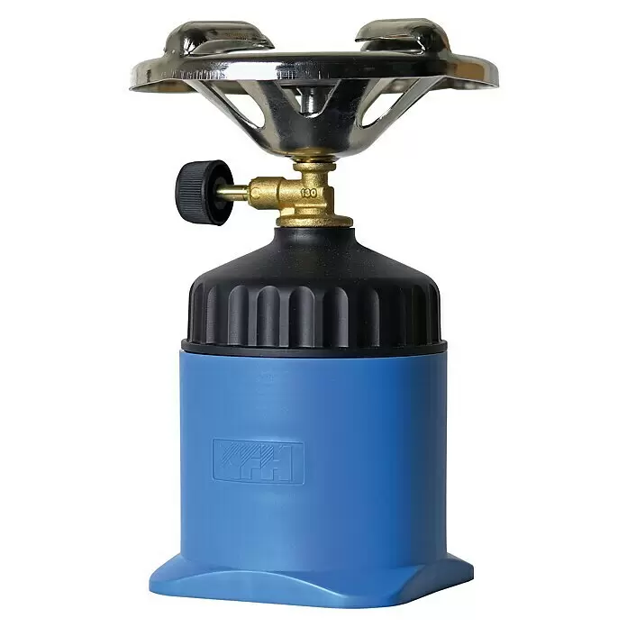CFH Gaskocher Happy Camper - 15,5 x 19,5 x 18 cm - Tragbarer Gas-Campingkocher mit blauem Sockel, schwarzem Oberteil, Messingventil und Chrom-Topfhalterung.