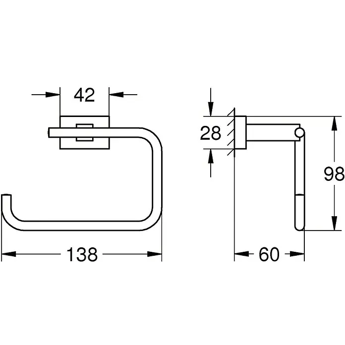 Grohe Essentials Cube Toilettenpapierhalter - Ohne Deckel, Chrom, Glänzend - Technische Zeichnung eines Toilettenpapierhalters mit Maßen. Das Design ist minimalistisch und funktional.