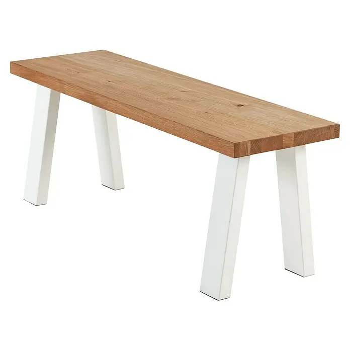 Pur Iternal Select Tischbein - 330 x 100 x 390 mm, Weiß, U-Form - Eine moderne Holzbank mit weißen Beinen. Die Bank kombiniert natürliche Materialien mit modernem Design.