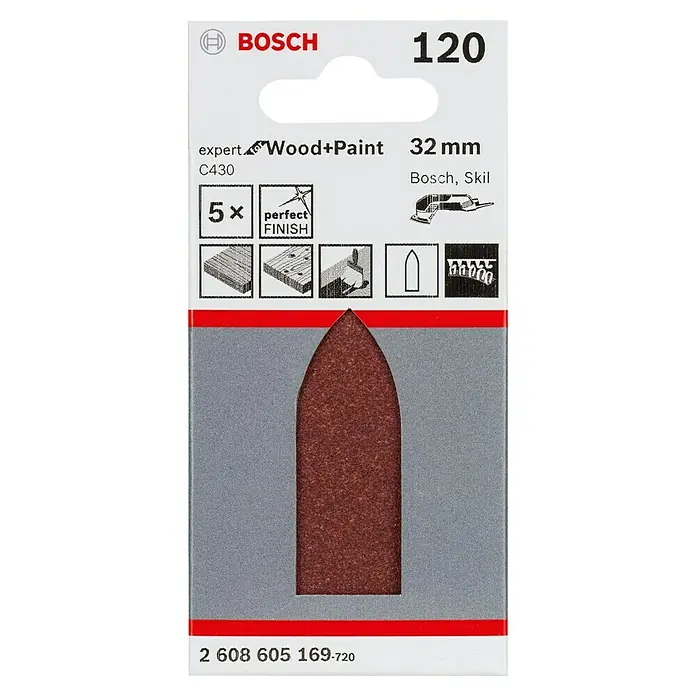 Bosch Expert Papel de lija C430 - Grano: 0,125 mm, 5 ud. - Papel de lija Bosch Expert C430 para madera y pintura, grano 120, 32 mm, 5 unidades para resultados de lijado perfectos.