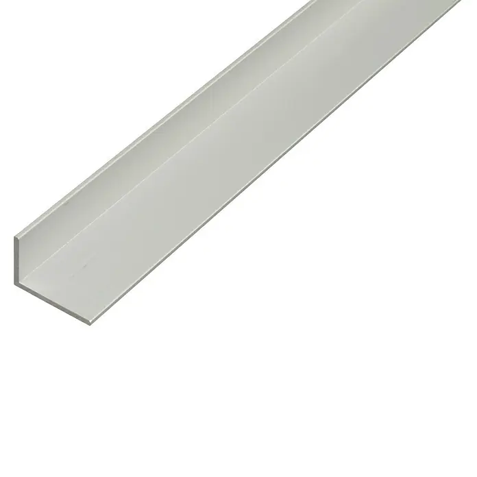 Kantoflex Winkelprofil - L x B x H: 2.600 x 20 x 10 mm, Stärke: 1,5 mm, Aluminium, Silber - Nahaufnahme eines weißen L-förmigen Metallprofils, das für Bau- und Konstruktionsprojekte verwendet wird.\n