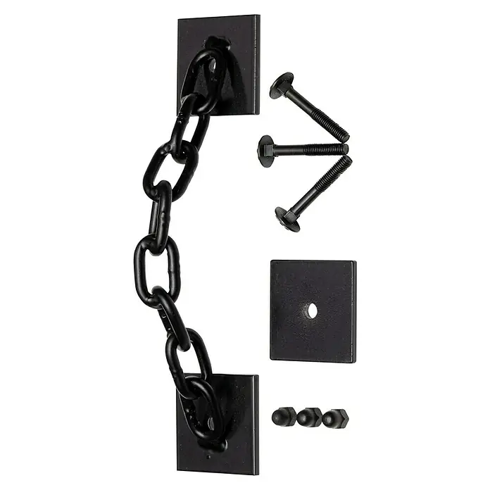 Kornik Griff Kette - Schwarz, 183 x 40 mm - Nahaufnahme eines schwarzen Kettenzaunbeschlagsatzes mit Kette, Schrauben, Platten und Hutmuttern für eine sichere Installation.