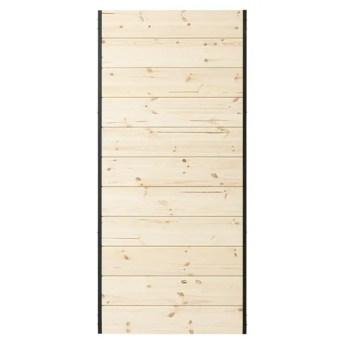 Kornik Holzschiebetür Industrial Basic - 95 x 206 cm, Kiefer - Nahaufnahme einer Paneeltür aus hellem Holz mit dunklem Metallrahmen, die die natürliche Maserung und Textur des Holzes hervorhebt.