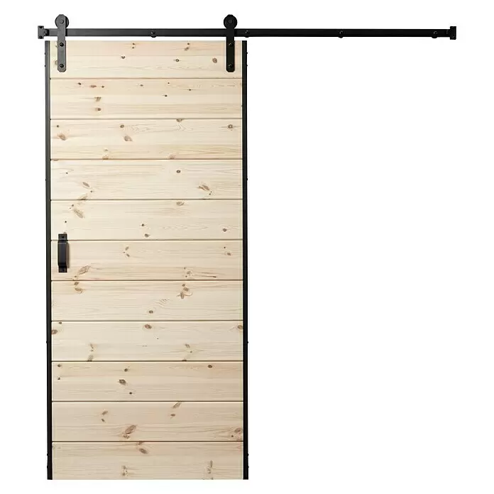 Kornik Holzschiebetür Industrial Basic - 95 x 206 cm, Kiefer - Helle Holz-Schiebetür mit schwarzer Laufschiene, Rollen und Griff. Natürliche Holzbretter.