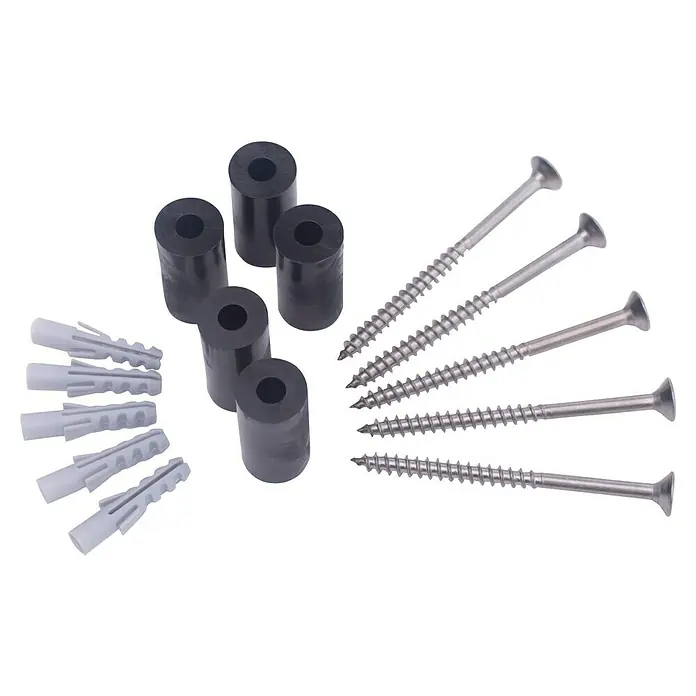 Befestigungs-Set - Geeignet für: Rankgitter, 5 Stk. - Eine Nahaufnahme von grauem Spreizdübel, schwarzen Distanzstücken und silbernen Schrauben, ideal für Bau- und Heimwerkerprojekte.