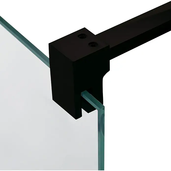GME Soporte de sujeción a lateral fijo - L x An x Al: 0,9 x 2,7 x 4,7 cm, Acero inoxidable, Negro - Primer plano de una cabina de ducha que muestra herrajes negros y vidrio, que combinan elegancia moderna con artesanía de calidad.