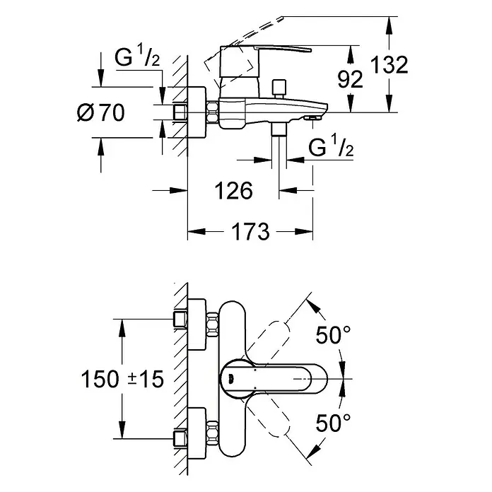 Grohe QuickFix Wave Cosmopolitan Grifo monomando de bañera - Cromo, Resplandeciente - Esquema del producto: Grifo de pared con dimensiones que indican altura, profundidad y conexiones para una planificación detallada de la instalación.