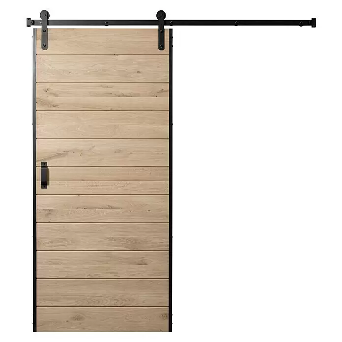 Kornik Holzschiebetür Industrial Basic - 95 x 206 cm, Eiche - Helle Holzschiebetür mit schwarzer Metallschiene und Griff.