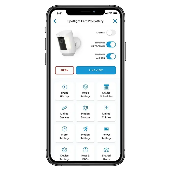 Ring Überwachungskamera Spotlight Cam Pro Wired - Weiß, Auflösung: 1.080 Pixel (Full HD), Festverdrahtet - Ansicht des Spotlight Cam Pro Battery-Bildschirms mit verschiedenen Optionen und Einstellungen in der App.