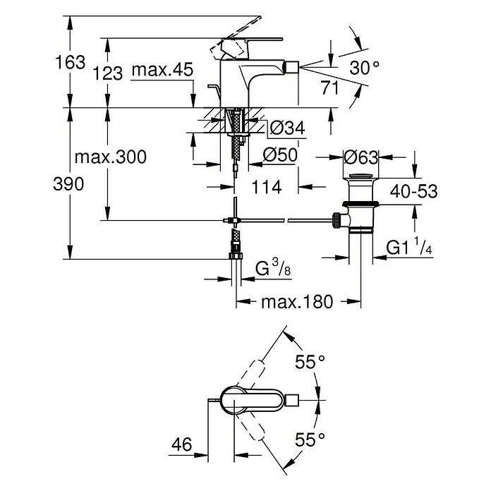 Grohe QuickFix Get Grifo monomando de bidé - Cromo, Resplandeciente - Dibujo técnico del mezclador de lavabo con todas las dimensiones y conexiones para la instalación.