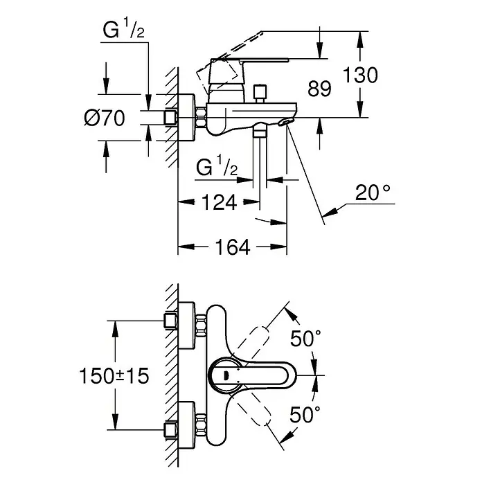 Grohe QuickFix Get Grifo monomando de bañera - Cromo, Brillante - Dibujo técnico del grifo GROHE con dimensiones y conexiones para la instalación.