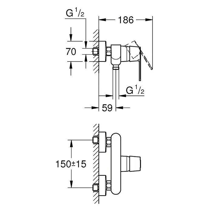 Grohe QuickFix Get Grifo monomando de ducha - Cromo, Brillante - Dibujo técnico del sistema de grifería de ducha Grohe, detallando las medidas precisas para la instalación y el diseño.
