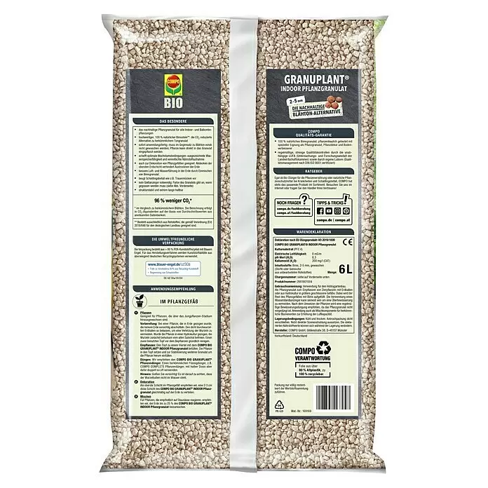Compo Bio Pflanzengranulat Granuplant - 6 l - Eine transparente Tüte gefüllt mit hellen, körnigen Bimsgranulat für Zimmerpflanzen.