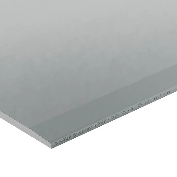 Knauf Gipskartonplatte GKB - 2.750 x 1.250 x 12,5 mm - Detailaufnahme einer grauen KNAUF Bauplatte GKB - DIN 18180 - EN 520 mit 12,5 mm Stärke. Ideal für Innenausbau und Trockenbau.