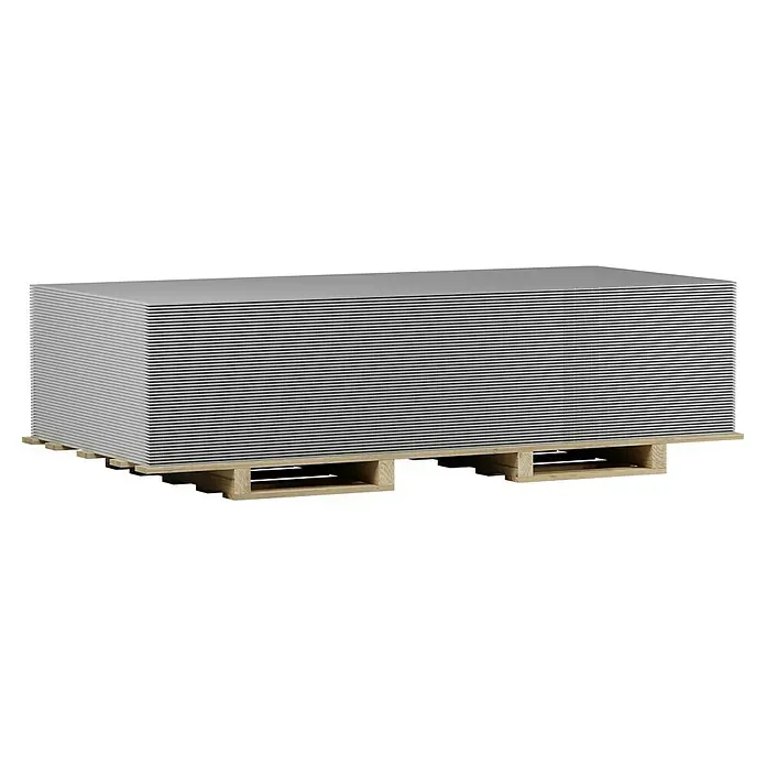 Knauf Gipskartonplatte GKB - 2.750 x 1.250 x 12,5 mm - Eine Palette mit einer großen Menge Gipskartonplatten, die für Bau- oder Renovierungsprojekte bereitstehen.
