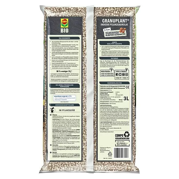Compo Bio Pflanzengranulat Granuplant - 3 l - Eine transparente Tüte hellfarbiger COMPO BIO GRANUPLANT Bimsgranulate, ein 3L Pflanzsubstrat für Innenräume.