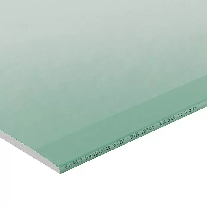 Knauf Gipskartonplatte Greenboard Plus - 3.000 x 1.250 x 12,5 mm, Imprägniert - Hellgrüne KNAUF GKBI Bauplatte, 12,5 mm dick, mit Beschriftung am Rand.
