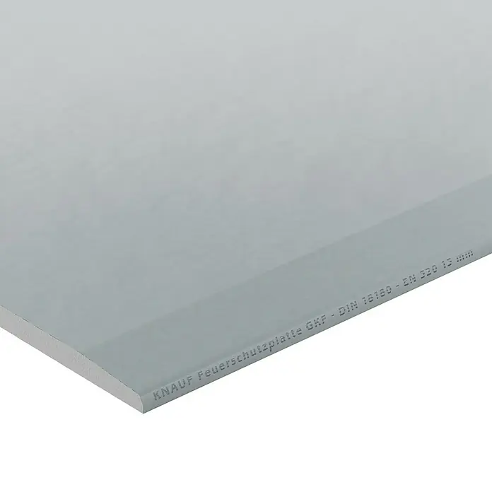 Knauf Feuerschutzplatte GKF - 2.500 x 1.250 x 15 mm - Bild einer Knauf Feuerschutzplatte GKF, eine Gipskartonplatte für den Brandschutz. Sie ist grau und hat eine glatte Oberfläche.