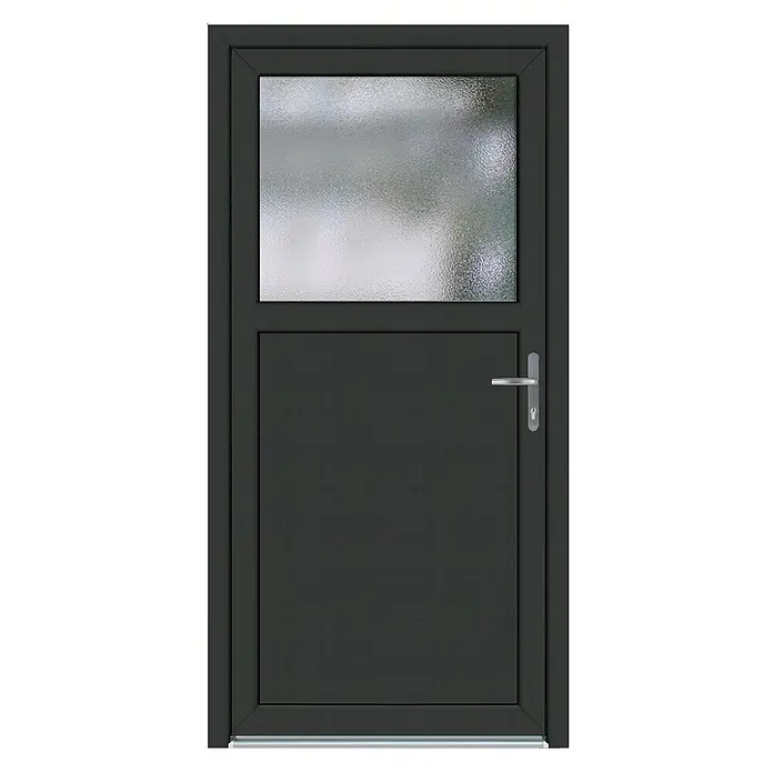 Nebeneingangstür KF-02 - 98 x 198 cm, DIN Anschlag: Rechts, Anthrazit/Weiß - Graue Tür mit Fenster im oberen Bereich und einem Griff an der Seite. Die Tür ist modern und schlicht gestaltet.