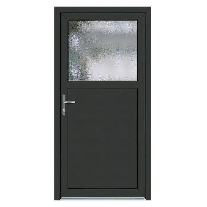 Nebeneingangstür KF-02 - 98 x 198 cm, DIN Anschlag: Links, Anthrazit/Weiß - Bild einer modernen anthrazitfarbenen Haustür mit Glasoberlicht und silbernem Griff. Die Tür ist schlicht und elegant gestaltet.