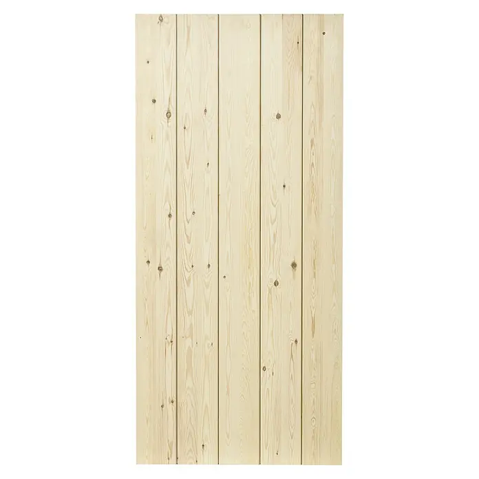 Kornik Holzschiebetür Loft - 96 x 206 cm, Kiefer - Eine Nahaufnahme von hellen, vertikal angeordneten Holzpaneelen, die eine natürliche Holzmaserung und Astlöcher aufweisen.
