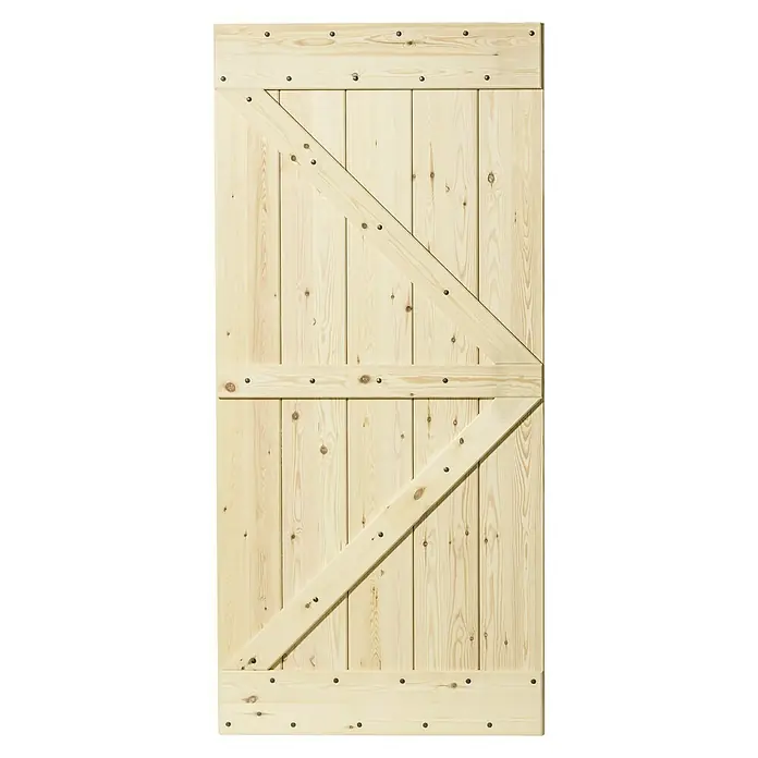 Kornik Holzschiebetür Loft - 96 x 206 cm, Kiefer - Detailaufnahme einer hellen Holztür im Scheunenstil mit diagonalen Verstrebungen und dekorativen Beschlägen, die rustikalen Charme versprüht.