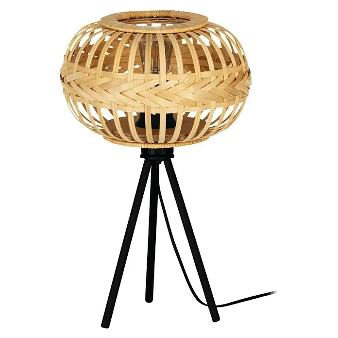 Eglo Lámpara de sobremesa Amsfield - 40 W, Ø x Al: 26 x 41 cm, Negro, Bambú, E27 - Lámpara de mesa con pantalla de ratán trenzado sobre una base de trípode negra, que proporciona un acento de luz cálida y natural.