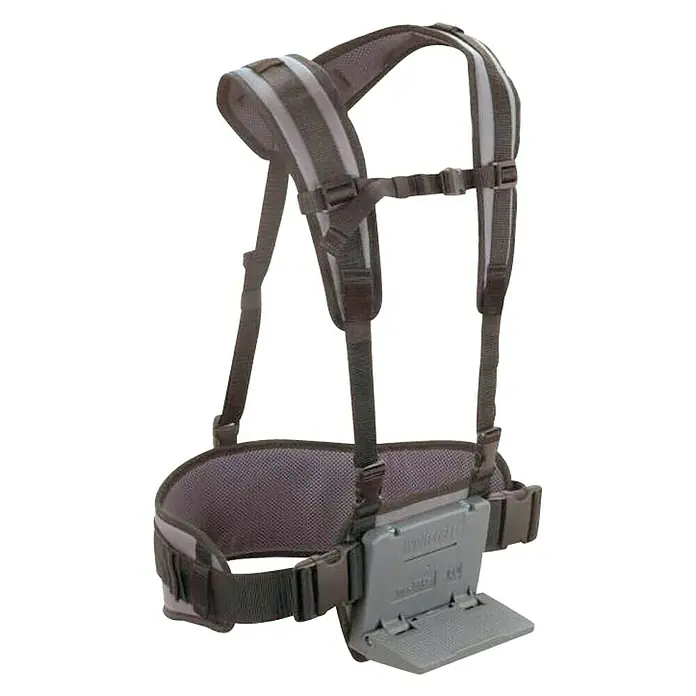 Wolfcraft Faja lumbar de transporte - Negro, Capacidad de carga: 30 kg - Imagen de un cinturón de herramientas ajustable con correas para los hombros y un asiento plegable para apoyo durante el trabajo.