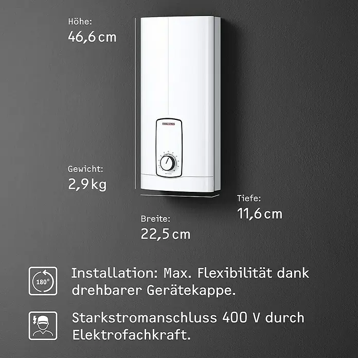 Stiebel Eltron Durchlauferhitzer DHB 18/21/24 ST Trend - 18/21/24 kW, Elektronisch, Druckfest - Abbildung eines elektronischen Warmwasserbereiters mit Angaben zu Abmessungen und Produkteigenschaften.