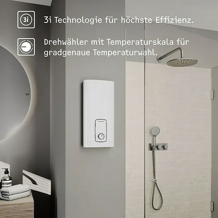 Stiebel Eltron Durchlauferhitzer DHB 18/21/24 ST Trend - 18/21/24 kW, Elektronisch, Druckfest - Dieses Badezimmer zeigt einen elektronischen Durchlauferhitzer mit 3i Technologie für höchste Effizienz und gradgenauer Temperaturwahl.