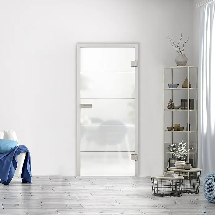 Diamond Doors Glasdrehtür Lines Positiv - 959 x 1.972 mm, DIN Rechts, Einscheibensicherheitsglas (ESG) - Ein elegantes Bild einer weißen Glastür mit horizontalen Streifen, die einen modernen und hellen Akzent in jedem Raum setzt.