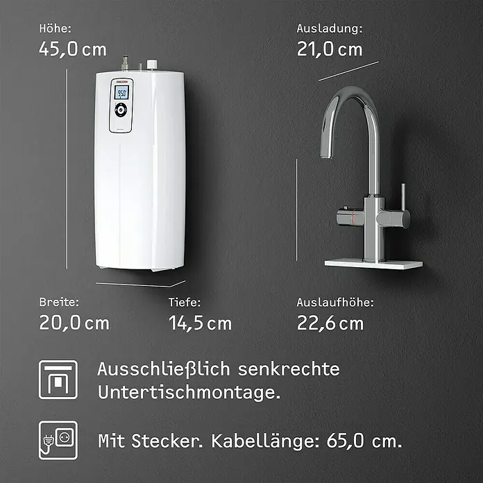 Stiebel Eltron Heißwassersystem HOT 2.6 N Premium + 3in1 b - Durchflussmenge: 2,5 l/min, 95 °C, Gebürstet - Produktbild mit den Maßen des Warmwasserspeichers und des Wasserhahns. Die Höhe beträgt 45,0 cm und die Ausladung 21,0 cm.