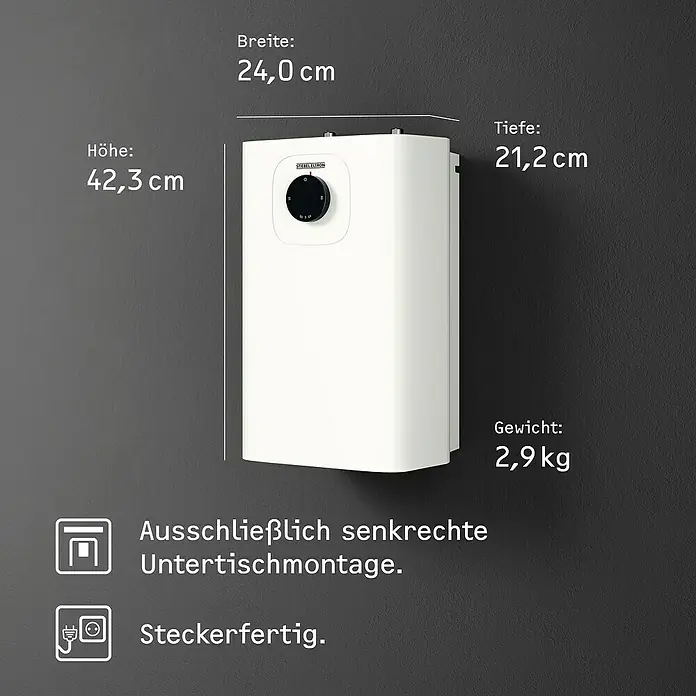 Stiebel Eltron Warmwasserspeicher UFP 5 Trend - 5 l, 2.000 W, Temperaturbereich: 35 °C - 85 °C, Untertischmontage - Produktansicht: Stiebel Eltron Warmwasserspeicher mit den Maßen 42,3 cm Höhe, 24,0 cm Breite und 21,2 cm Tiefe. Gewicht 2,9 kg.