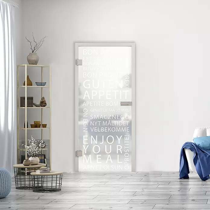 Diamond Doors Glasdrehtür 625 - 834 x 1.972 mm, DIN Anschlag: Links, Milchglas - Transluzide Glastür mit „Guten Appetit“-Grüßen in mehreren Sprachen, als Raumteiler verwendet.