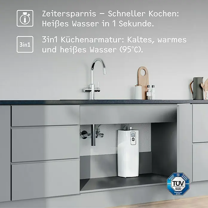 Stiebel Eltron Heißwassersystem HOT 2.6 N Premium + 3in1 b - Durchflussmenge: 2,5 l/min, 95 °C, Gebürstet - Abbildung einer 3-in-1 Küchenarmatur, die kaltes, warmes und heißes Wasser (95°C) liefert und Zeit spart beim Kochen.
