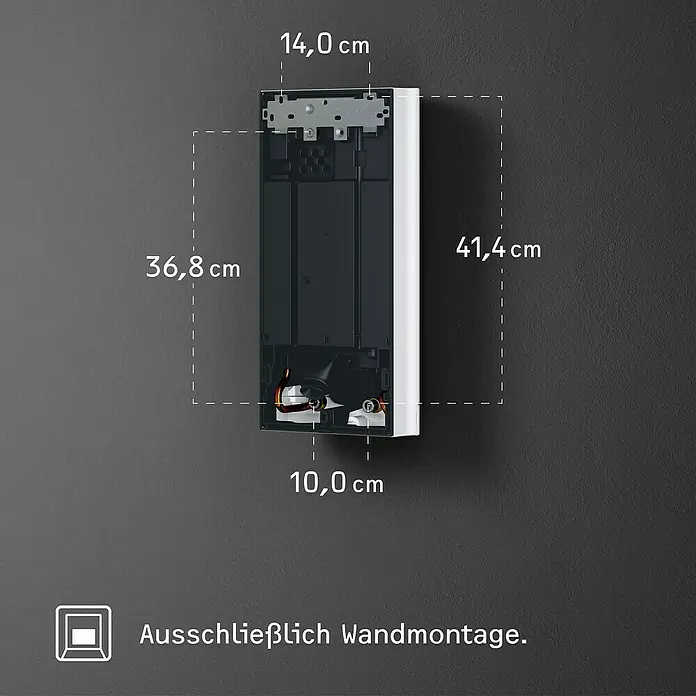 Stiebel Eltron Durchlauferhitzer DHB 18/21/24 ST Trend - 18/21/24 kW, Elektronisch, Druckfest - Das Bild zeigt eine Inneneinheit mit Maßen (41,4 x 14,0 x 10,0 cm), die für die Wandmontage vorgesehen ist (36,8 cm).