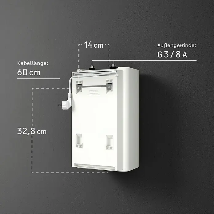 Stiebel Eltron Warmwasserspeicher UFP 5 Trend - 5 l, 2.000 W, Temperaturbereich: 35 °C - 85 °C, Untertischmontage - Ein weißer Wasserhahn mit den Maßen 14 cm Breite, 60 cm Kabellänge und 32,8 cm Höhe mit Außengewinde G3/8A.