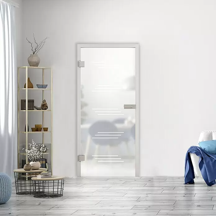Diamond Doors Glasdrehtür 591_2 - 834 x 1.972 mm, DIN Links, Einscheibensicherheitsglas (ESG) - Milchglas-Innentür mit weißem Rahmen und horizontalen Linien, trennt zwei helle Räume.