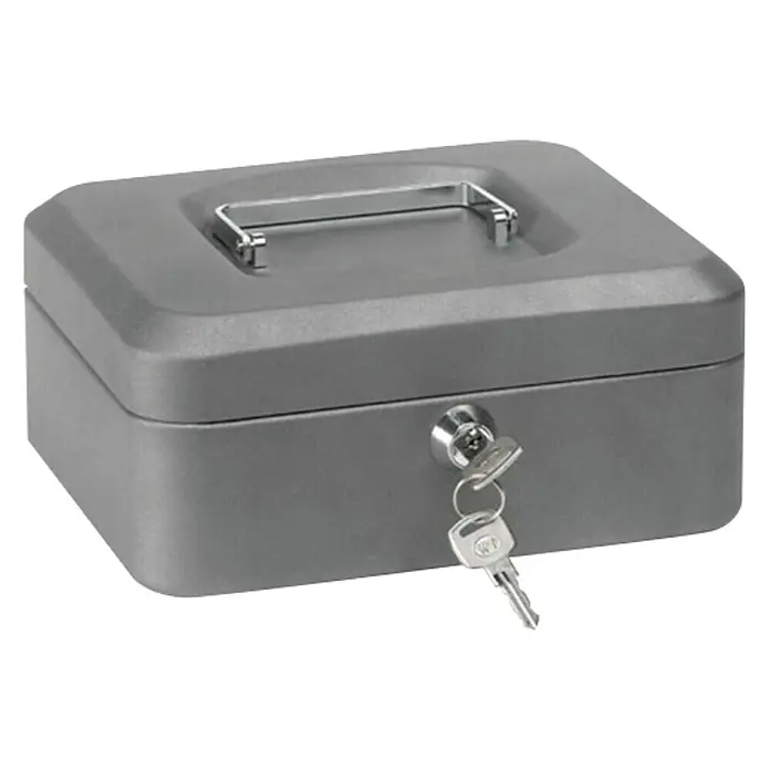 Arregui Caja de caudales C-9216 - L x An x Al: 15,2 x 11,8 x 8 cm, Asa abatible, Gris - Caja de caudales gris con llave en la cerradura, ideal para el almacenamiento seguro de dinero en efectivo y objetos de valor. Compacta y resistente.