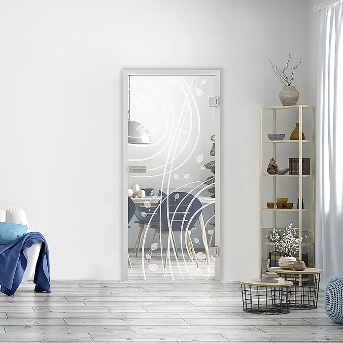 Diamond Doors Glasdrehtür 547 - 709 x 1.972 mm, DIN Anschlag: Rechts, Klarglas - Klarglas-Innentür mit elegantem weißem Blattmuster, lässt Licht durch und trennt gleichzeitig Räume.