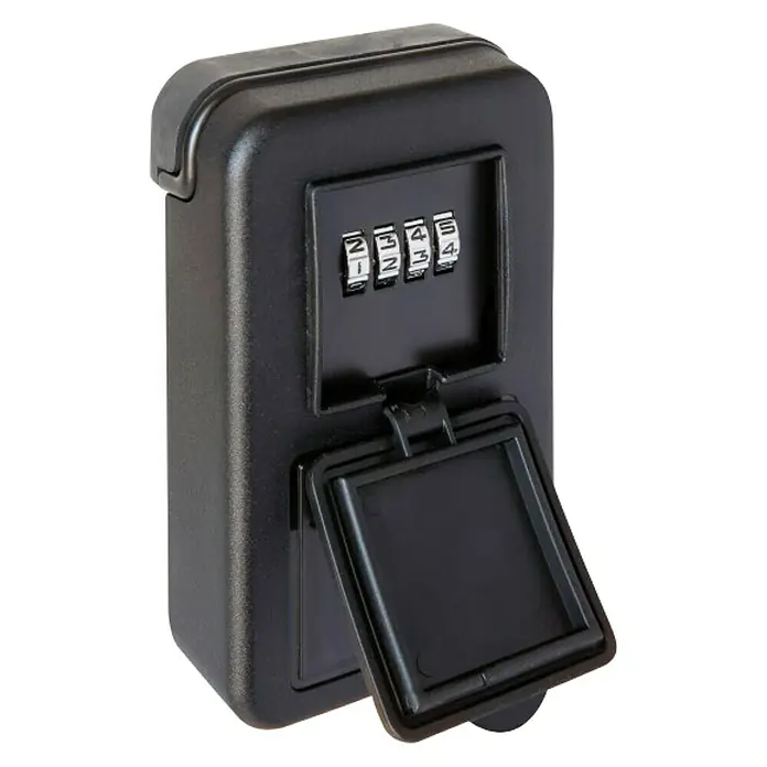 Arregui Caja para llaves Keeper SEG011 - 1 ud., 8,5 x 3,5 x 11,8 cm - Una caja fuerte para llaves negra con cerradura de combinación y una tapa abierta para guardar las llaves.