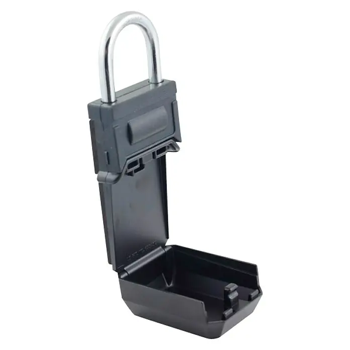 Arregui Caja para llaves Keeper SEG021 - 1 ud., 7 x 3,7 x 13,4 cm - Imagen de una caja de bloqueo de llaves abierta con grillete. Ideal para guardar llaves de forma segura al aire libre.