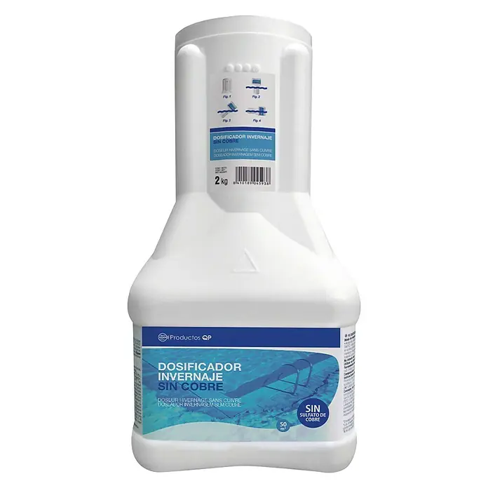 Protección invernal sin cobre - 2 kg - Botella blanca de "Productos QP Dosificador Invernaje Sin Cobre", un producto de invernaje sin cobre para piscinas, 2kg capacidad.