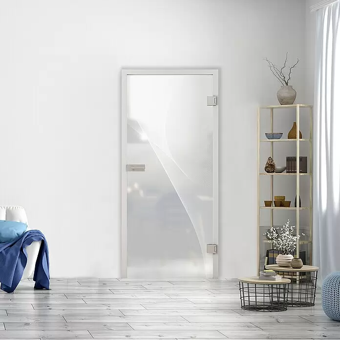 Diamond Doors Glasdrehtür 623 - 834 x 1.972 mm, DIN Anschlag: Rechts, Milchglas - Weiß gerahmte Glastür mit satiniertem Wellenmuster, integriert in einen modernen Wohnbereich.