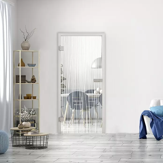 Diamond Doors Glasdrehtür 551 - 959 x 1.972 mm, DIN Anschlag: Links, Klarglas - Glastür mit vertikalem weißem Streifenmuster, die Privatsphäre zwischen Räumen bietet.