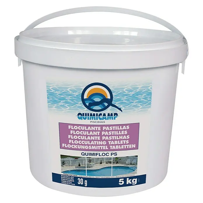 Quimicamp Floculante Quimifloc PS - 5 kg - Un cubo blanco de tabletas floculantes Quimicamp Quimifloc PS para la limpieza de piscinas.