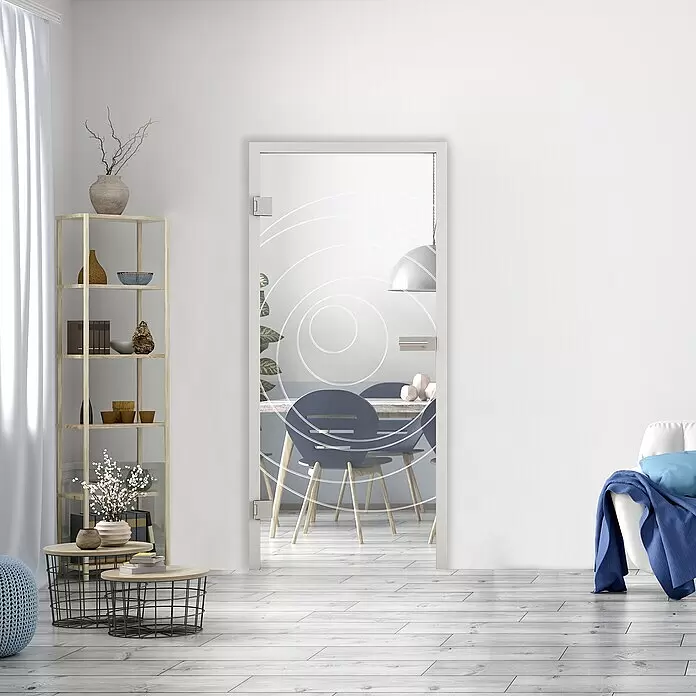 Diamond Doors Glasdrehtür 585 - 959 x 1.972 mm, DIN Anschlag: Links, Einscheibensicherheitsglas (ESG) - Glastür mit weißem Spiralmuster, die zwei moderne Räume verbindet.