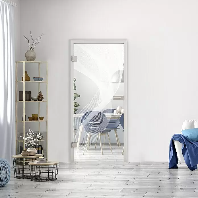 Diamond Doors Glasdrehtür 636 - 959 x 1.972 mm, DIN Anschlag: Links, Klarglas - Glastür mit weißem Rahmen und dekorativem Wellenmuster, dient als Raumteiler.