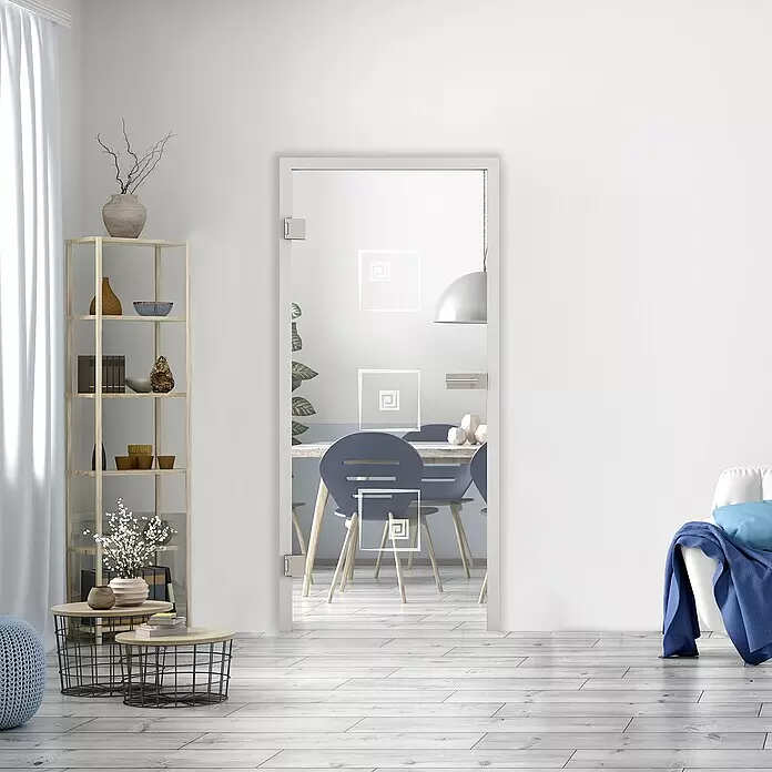 Diamond Doors Glasdrehtür 587 - 959 x 1.972 mm, DIN Anschlag: Links, Klarglas - Klarglastür mit mattierten geometrischen Mustern in weißem Rahmen, verbindet zwei moderne Wohnbereiche.