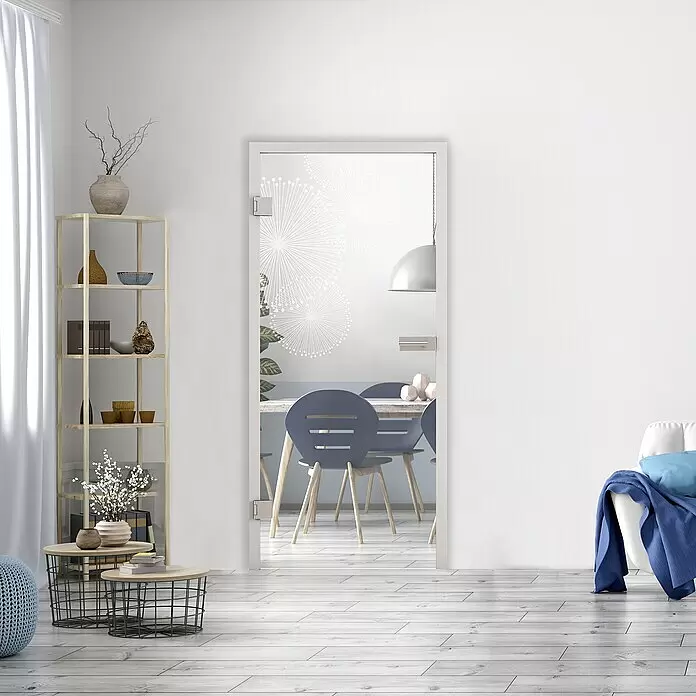 Diamond Doors Glasdrehtür 507 - 709 x 1.972 mm, DIN Anschlag: Links, Einscheibensicherheitsglas (ESG) - Weiße Glastür mit dezentem Löwenzahnmuster, die zwei moderne Räume verbindet.
